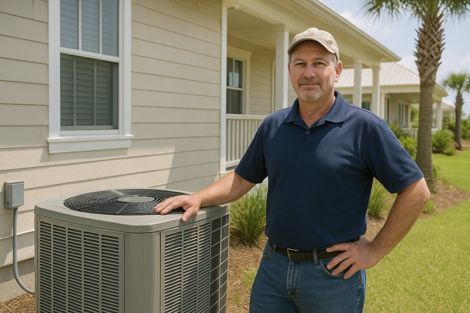 Panama City homeowner checking a coastal HVAC system near the home
